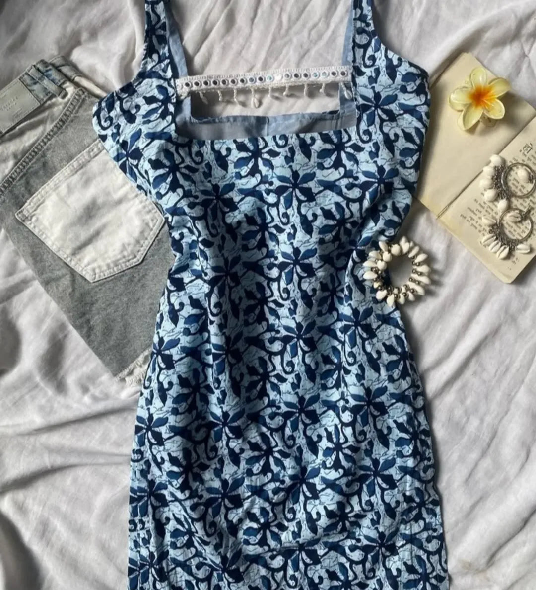Blue Floral Summer Dress with Accessories