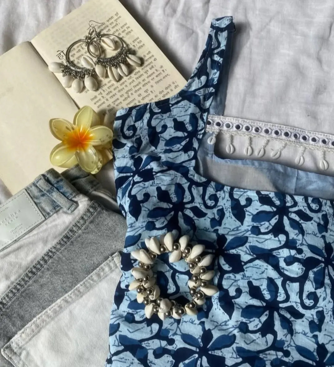 Blue Floral Summer Dress with Accessories