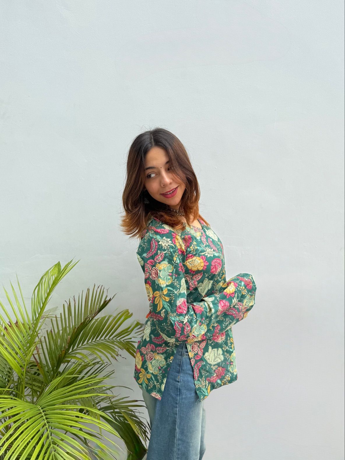 Emerald Blossom Floral Kurti Top 🌸