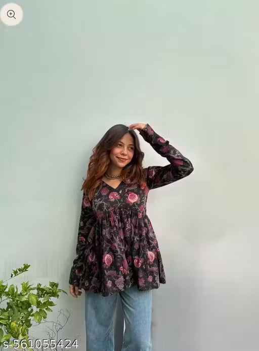 Floral Black Anarkali Top – Trendy & Comfortable