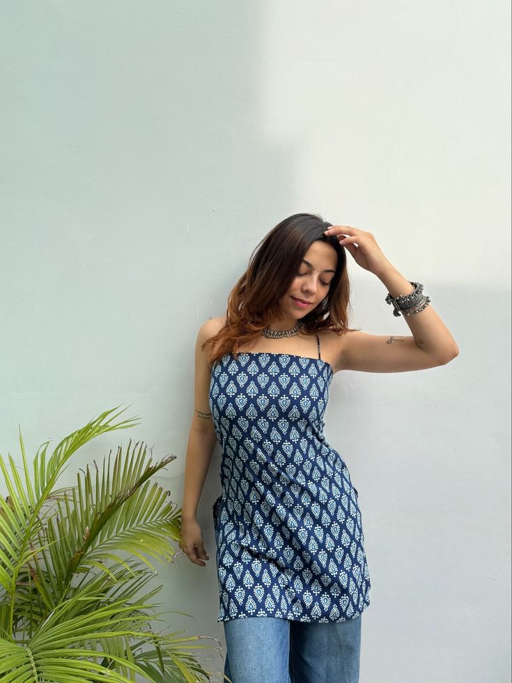 Navy Blue Strappy Kurti with Lace-Up Back