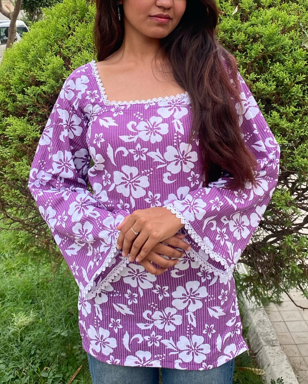 🌺 Pink Paradise Floral Bell-Sleeve Kurti
