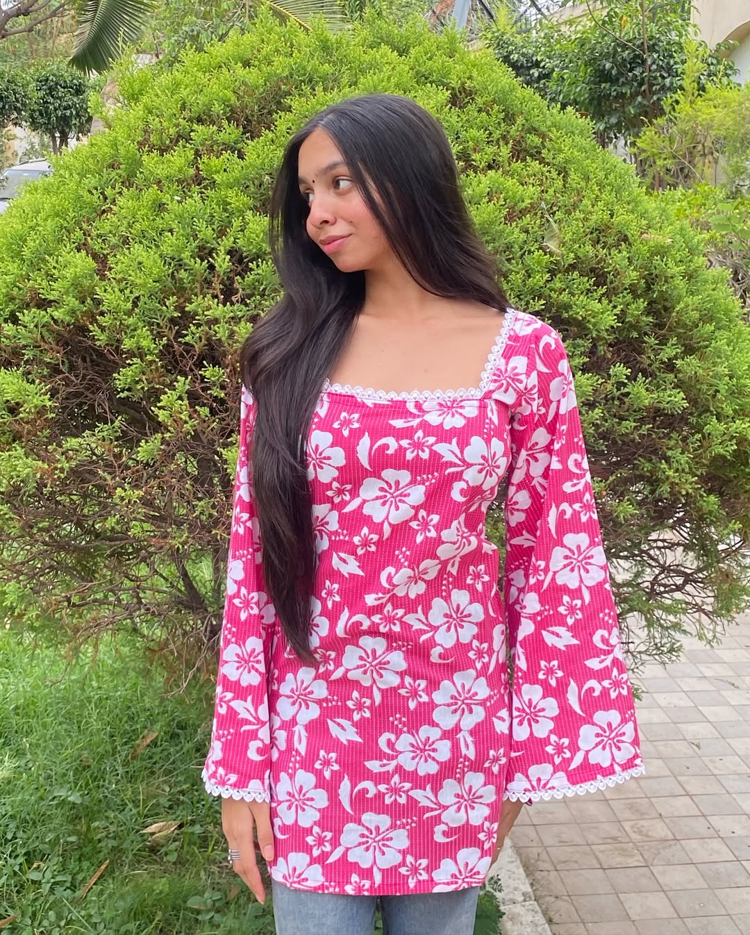 🌺 Pink Paradise Floral Bell-Sleeve Kurti