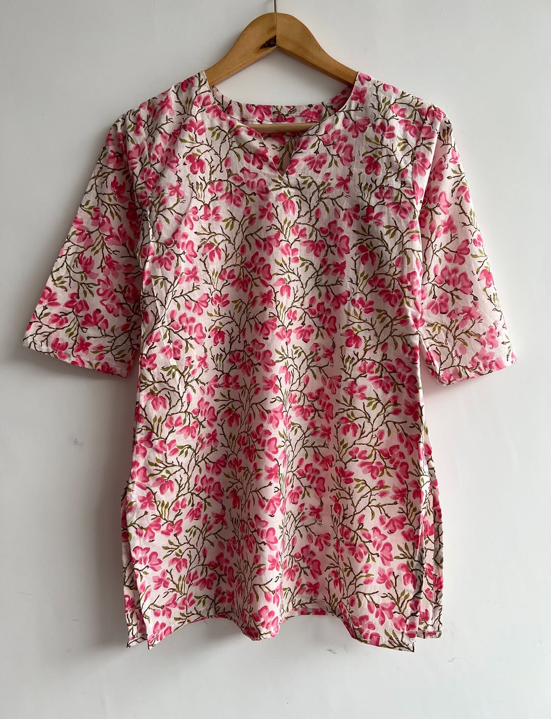 Pink Floral Handblock Cotton Kurti