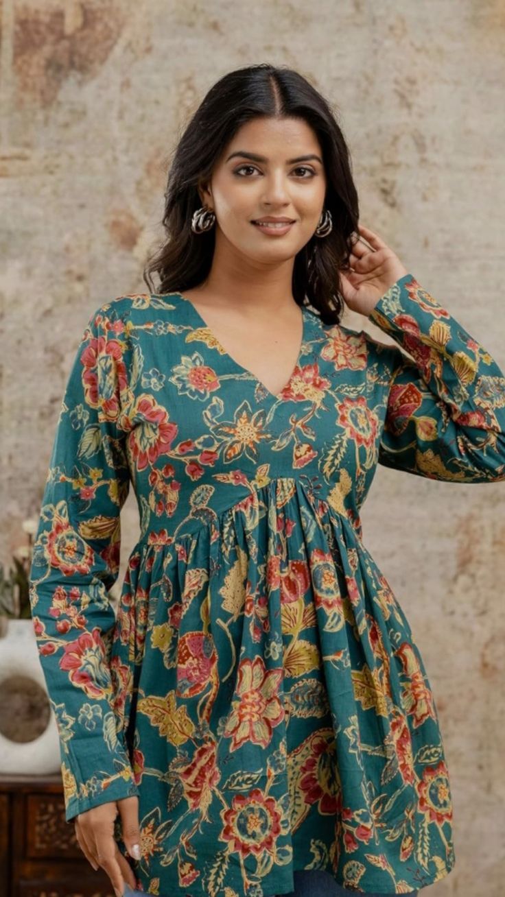 🌿 Teal Lotus Bloom Cotton Kurti