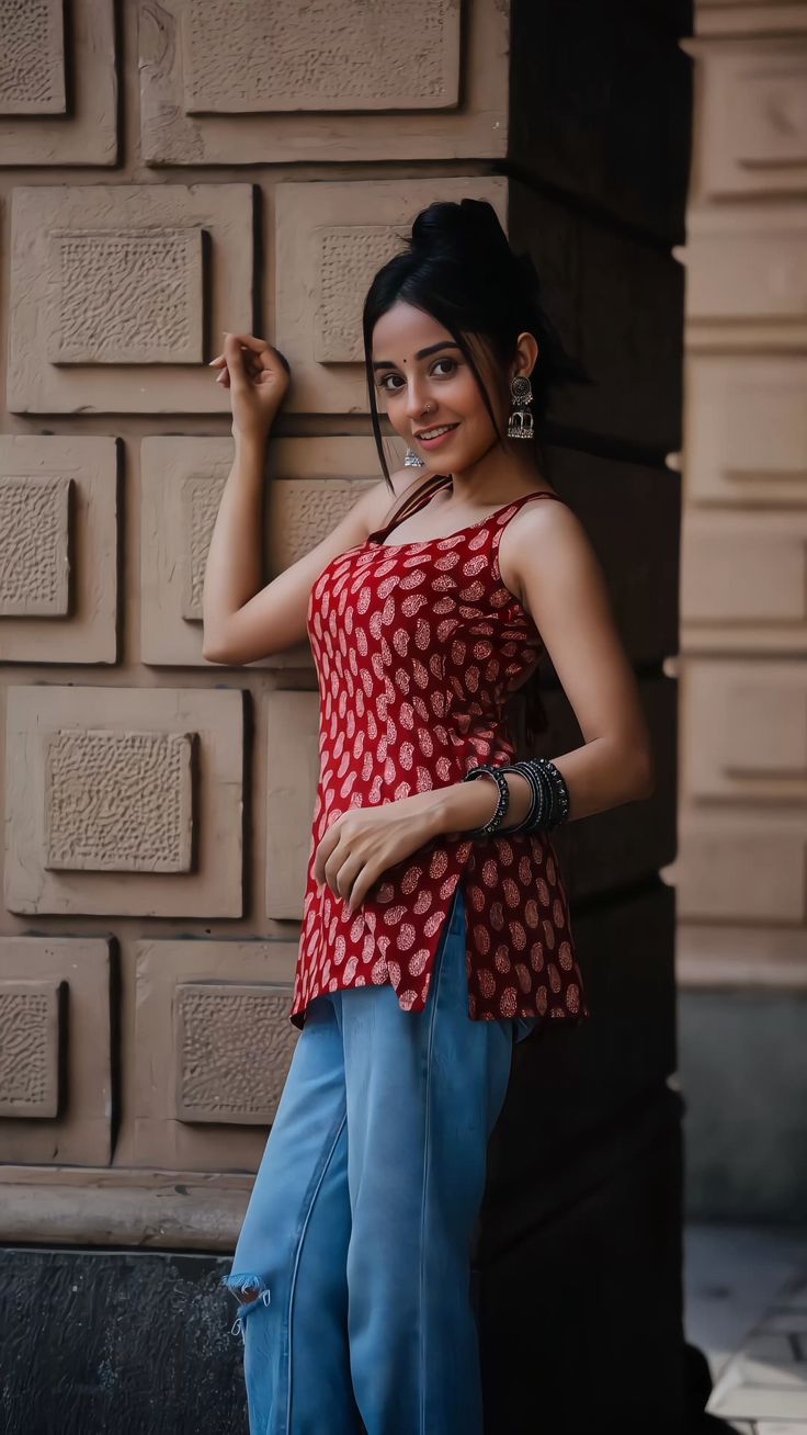 Elegant Red Block Print Sleeveless Kurti